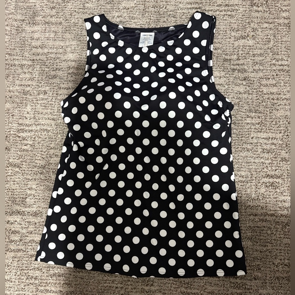 Lands' End Black and White Polka Dot High Neck Modest Swim Top sz 8 long